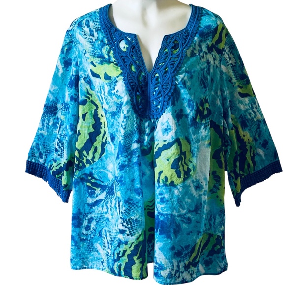Jones New York V neck Crochet Lace Blue Green Tunic Top Size 3X Signature Woman - Picture 1 of 12